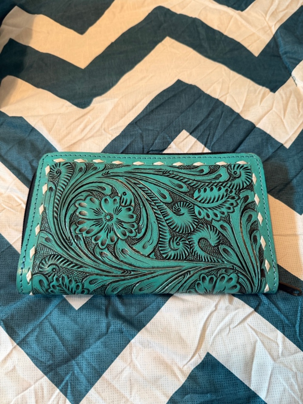 Turquoise Floral Tooled Leather Wallet